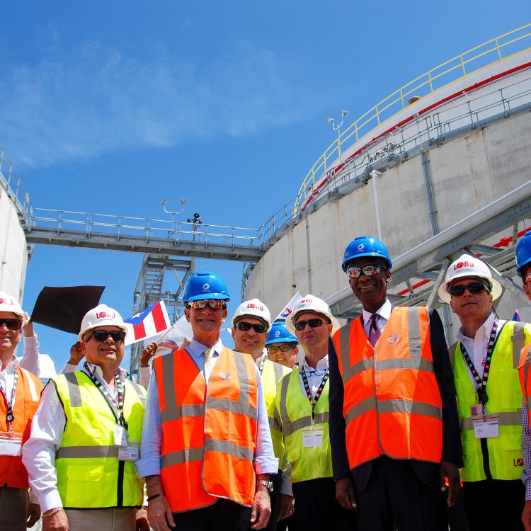 Lord Team row of construction workers in hard hats and reflective vests